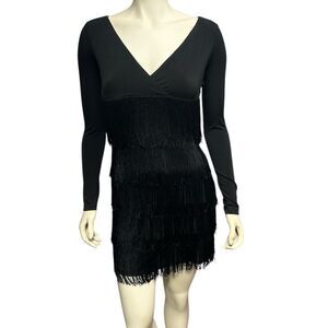 Muse for Boston Proper Black Long Sleeve Dress with Fringe Vneck Flapper Dress